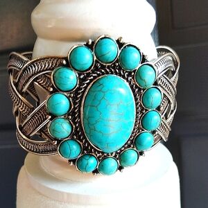 Dyed Turquoise-Color Howlite and Silver-Tone Cuff Bracelet